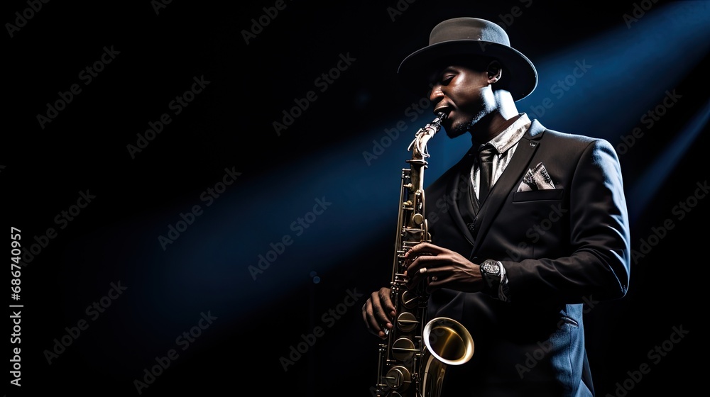 Naklejka premium Black jazz performer plays the saxophone