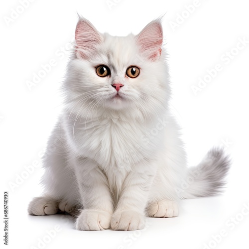 Siberian cat in front of white background. Looking at camera.