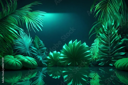 Green and Blue Neon Light with Tropical Leaves 3d render 