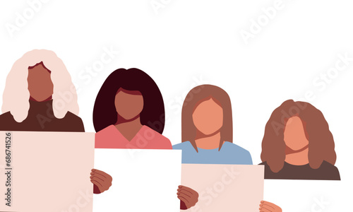 Collection of diferent women holding blank placards. women holding a banner. Vector illustration in flat style. photo