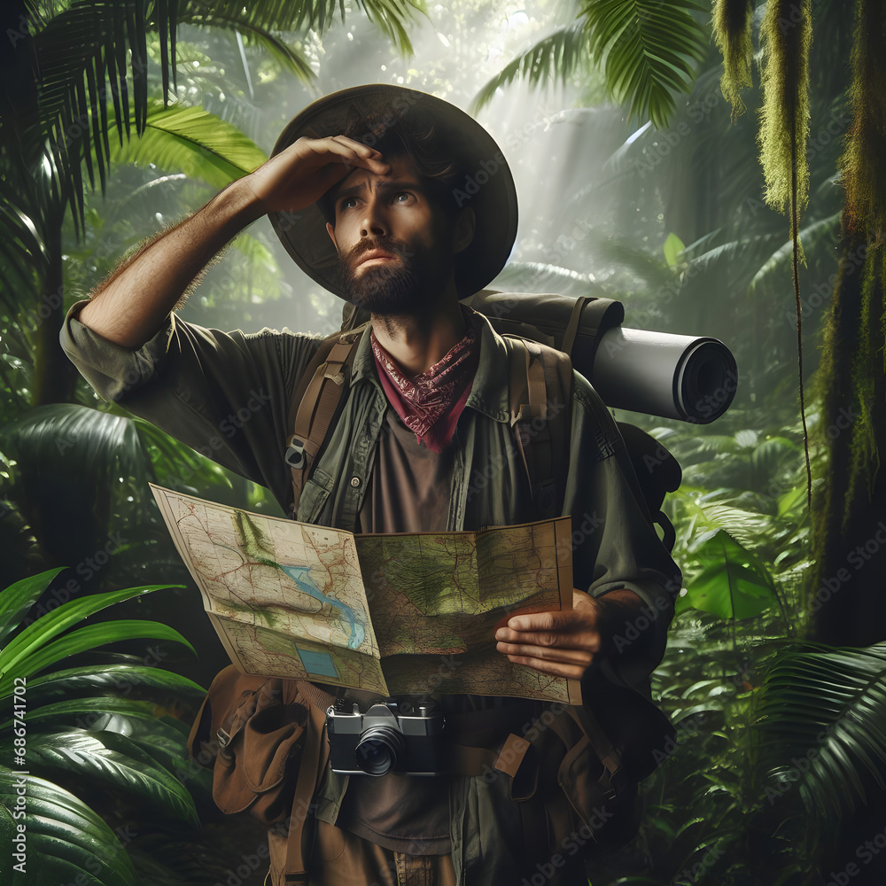 Obraz na płótnie explorer in the jungle with a map in his hand with an expression of being lost. Generative AI w salonie