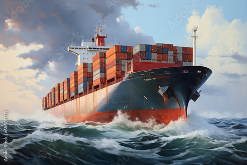 cargo ship with containers sailing on the high seas. Generative AI