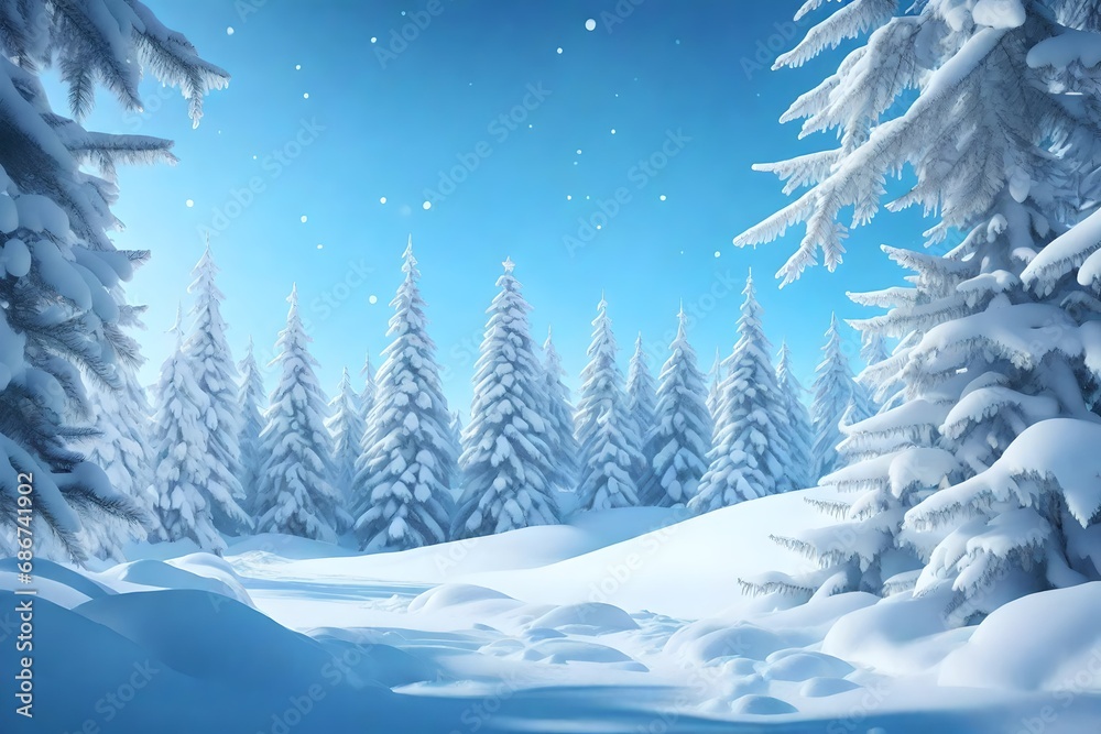 Beautiful landscape with snow covered fir trees and snowdrifts