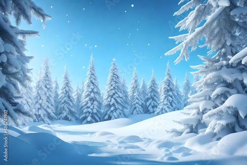 Beautiful landscape with snow covered fir trees and snowdrifts © Amal