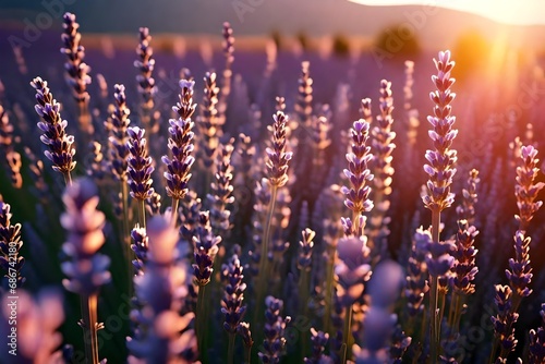 Blooming lavender flowers at sunset in Provence