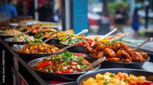 Close-up of an array of freshly prepared dishes at a food market  showcasing a variety of textures and colors with a shallow depth of field.