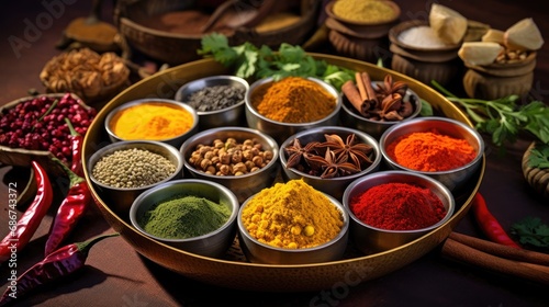 An array of spices in a wheel of bowls against a dark background, with star anise, turmeric, and red chili peppers adding to the assortment.