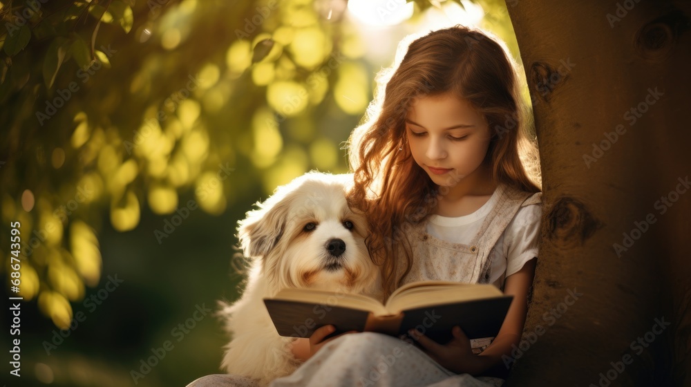 A young girl with long hair in a white sundress is engrossed in reading a book, with a white and beige fluffy dog resting its head on her lap in a sun-drenched natural setting. A young girl with long hair in a white sundress is engrossed in reading a book, with a white and beige fluffy dog resting its head on her lap in a sun-drenched natural setting.
