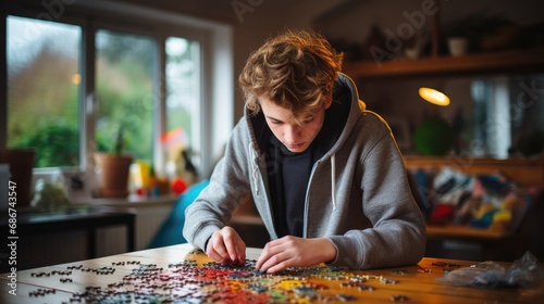 A focused teenage boy with curly hair deeply engaged in assembling a colorful jigsaw puzzle on a wooden table in a bright, homey room with a window view.