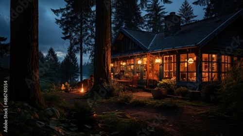 A cozy cottage in a pine forest at twilight, with warm candlelight glowing through the windows, creating a peaceful and cozy atmosphere
