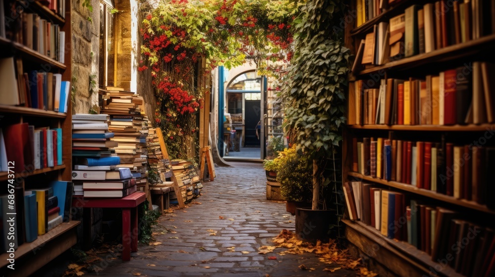 A narrow passage lined with towering bookshelves brimming with books, framed by vibrant red flowers and autumn leaves scattered on the cobblestones.