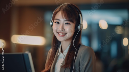 young asian woman with headset working in call center.