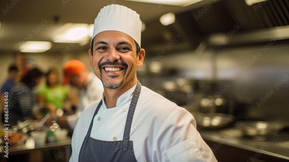 A real male chef smiles happily