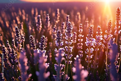 Blooming lavender flowers at sunset in Provence, France. Macro image 3d render