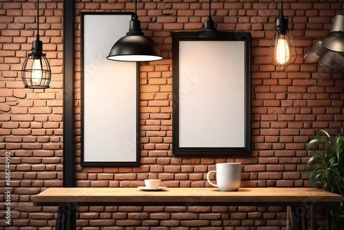 Front view blank black menu frame on brick wall with lamp in loft café interior, mockup