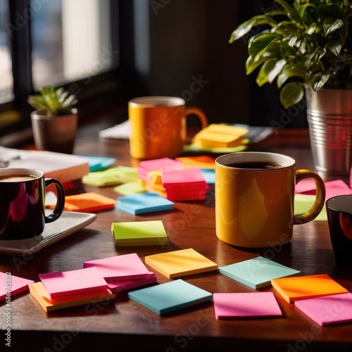 Office work desk with coffee and postit notes, busy and overwhelmed, relying on caffeine