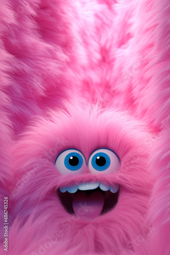 pink fluffy wall with very big blue eyes and open mouth very happy emotions created with Generative Ai