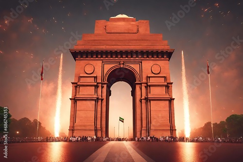 Showcasing the India Gate illuminated with the colors of the Indian flag. Surrounded by the essence of celebration.