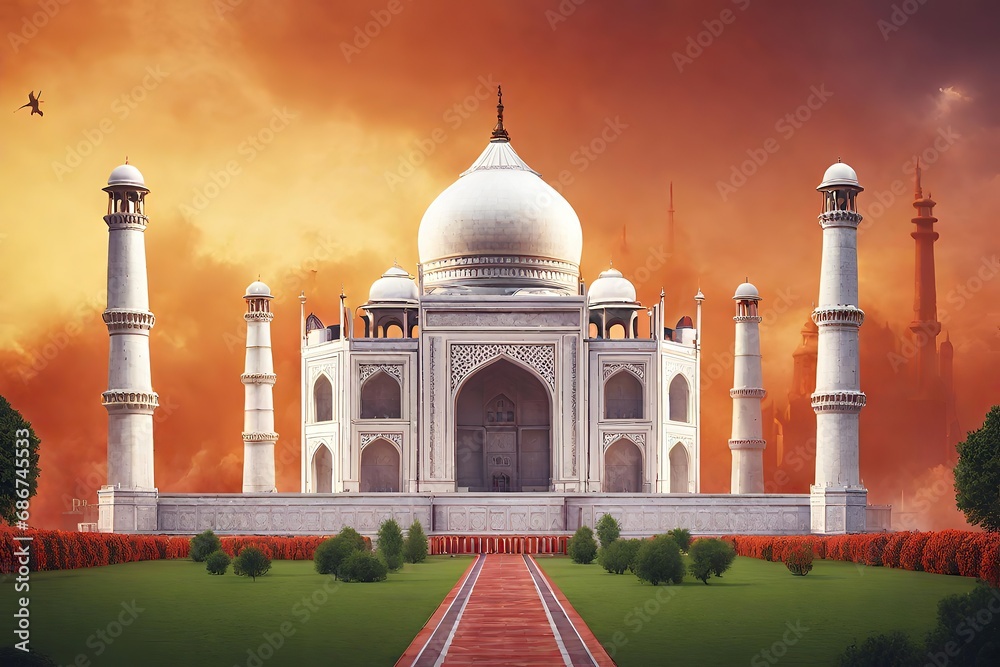 The iconic Taj Mahal, and incorporating elements of celebration and joyous smoke for a truly memorable image. - obrazy, fototapety, plakaty 