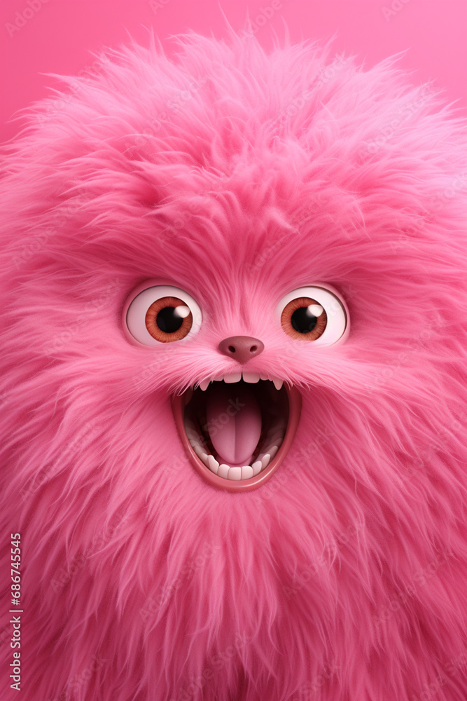 pink fluffy wall with very big blue eyes and open mouth very happy emotions created with Generative Ai