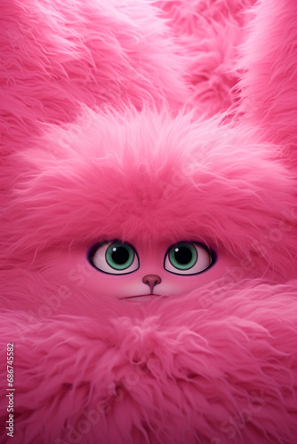 pink fluffy wall with very big blue eyes and open mouth very happy emotions created with Generative Ai