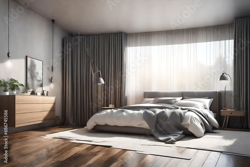 Modern bedroom, minimal interior design, window with simple curtains © Amal