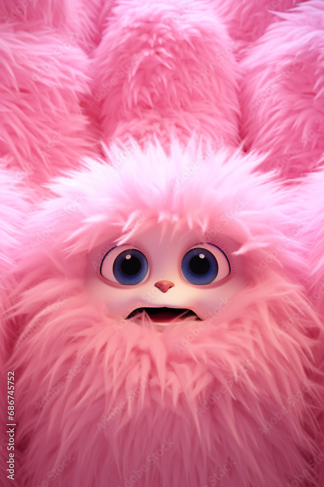 Obraz premium pink fluffy wall with very big blue eyes and open mouth very happy emotions created with Generative Ai