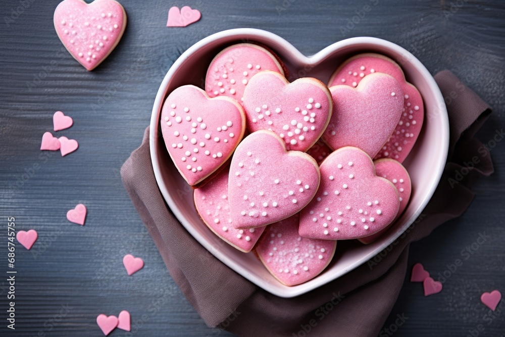 cookie glazed hearts in a box in force of heart. view from above. Valentin. romance. sweets cookie glazed hearts in a box in force of heart. view from above. Valentin. romance. sweets