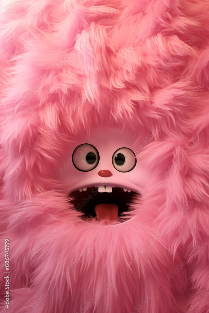 Obraz premium pink fluffy wall with very big blue eyes and open mouth very happy emotions created with Generative Ai