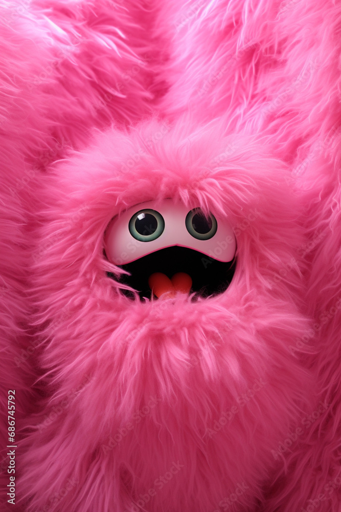 Fototapeta premium pink fluffy wall with very big blue eyes and open mouth very happy emotions created with Generative Ai