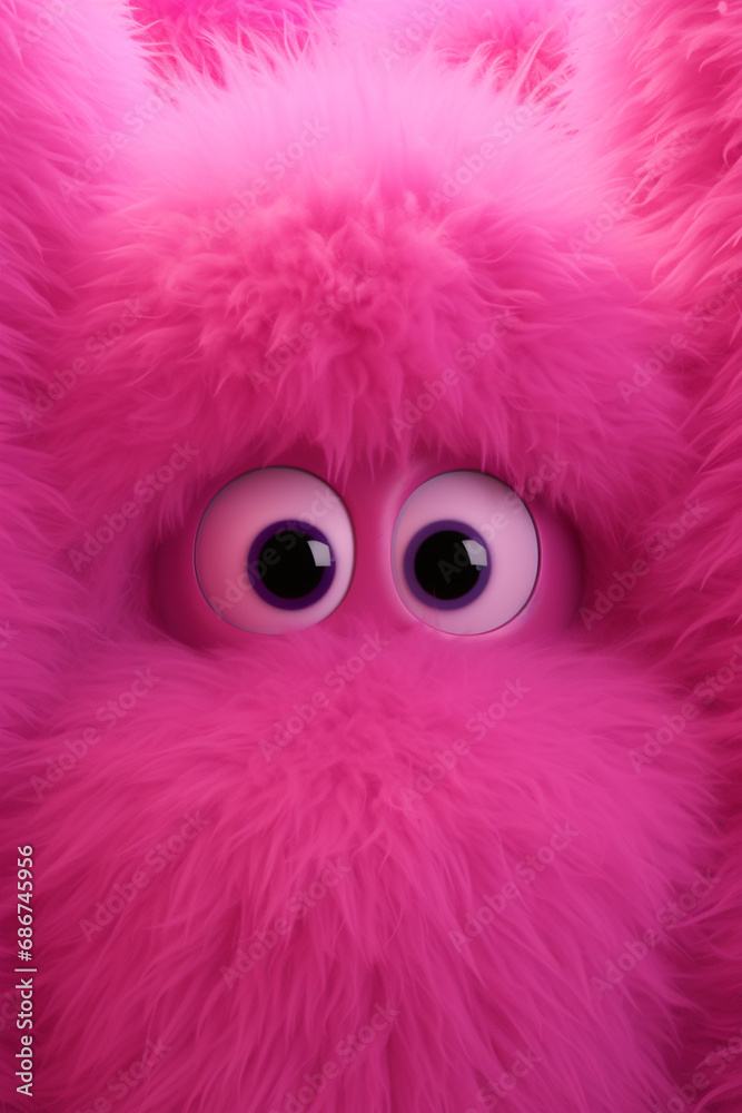 Fototapeta premium pink fluffy wall with very big blue eyes and open mouth very happy emotions created with Generative Ai