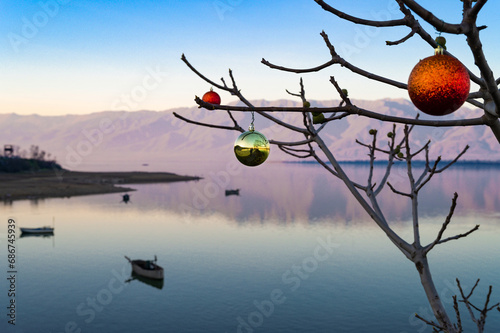 Christmas balls on a tree at Lake Kerkini at sunset in northern Greece photo