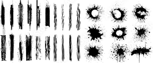 Collection of Black Ink Splatters and Brush Strokes on White Background photo
