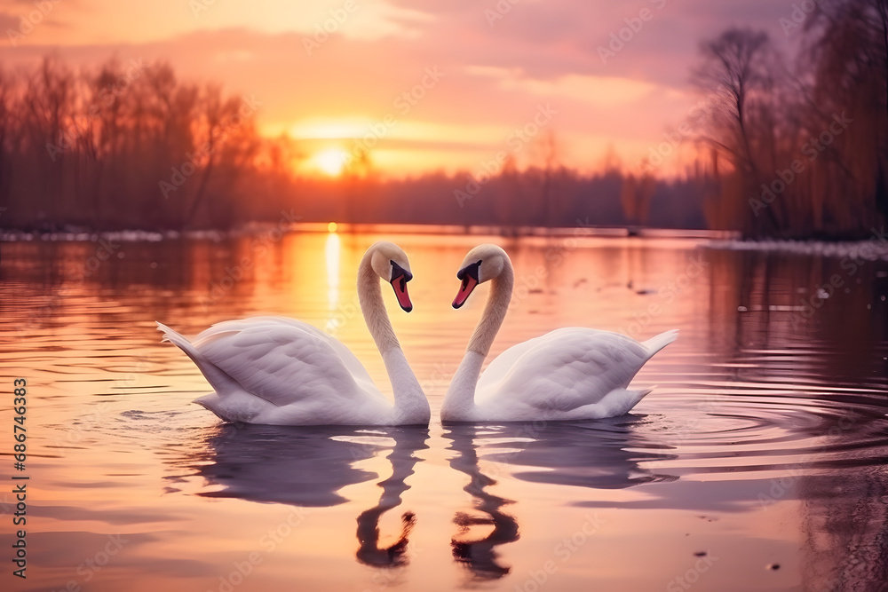 Fototapeta premium Two swans on the lake at sunset. Romantic love background for Valentine's Day.