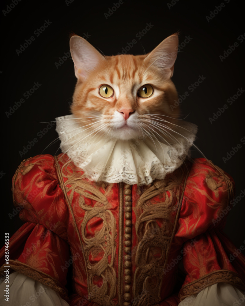 Fototapeta Illustration of a red white tabby cat wearing a red dress in medieval fantasy style