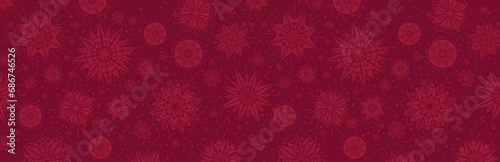 Red christmas banner with snowflakes. Merry Christmas and Happy New Year greeting banner. Horizontal new year background  headers  posters  cards  website. Vector illustration