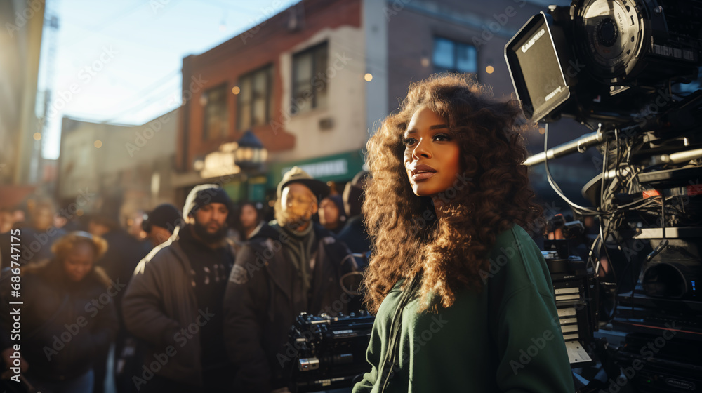 Obraz premium Photo of a young female African American filmmaker directing her peers in an urban setting, showcasing her vision and leadership skills, with a diverse crew working together