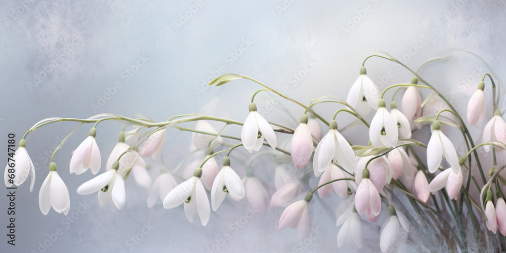 Early springtime background with muted color snowdrop flowers - obrazy, fototapety, plakaty 