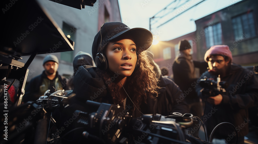 Photo of a young female African American filmmaker directing her peers in an urban setting, showcasing her vision and leadership skills, with a diverse crew working together - obrazy, fototapety, plakaty 
