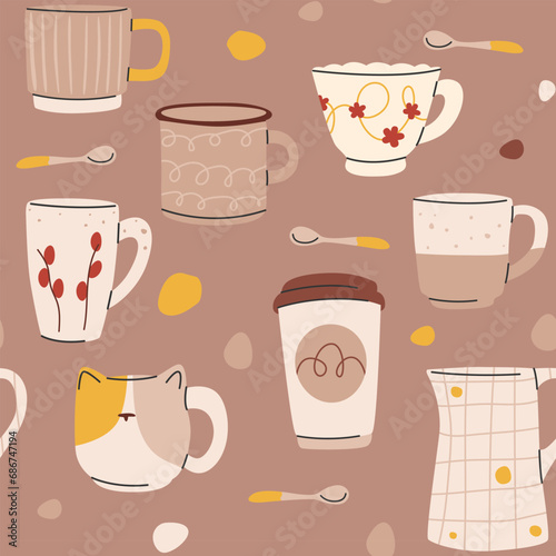Pattern with various modern cups, jewelry design elements vector flat illustration. Beige tableware wrapping. Cute fashionable tableware mugs, teapot and spoon
