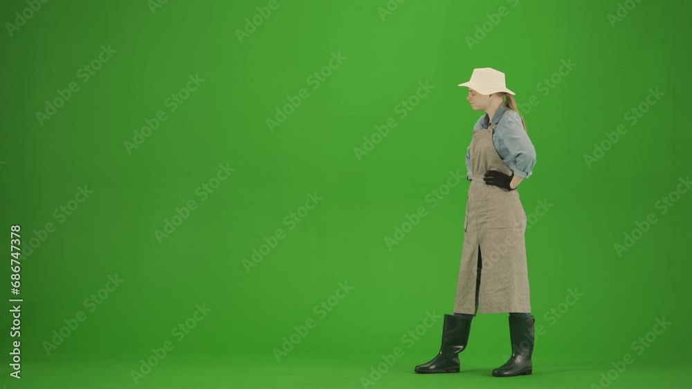 Portrait of female in apron and rubber boots on chroma key green screen. Woman gardener standing looking at her plants, positive expression. Portrait of female in apron and rubber boots on chroma key green screen. Woman gardener standing looking at her plants, positive expression.