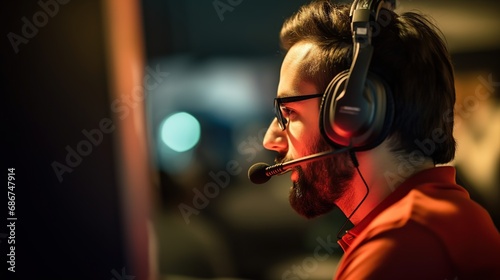 a man with a headset works in a call center.