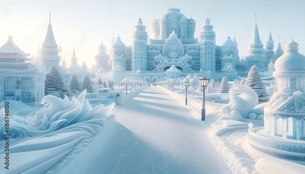 Obraz premium Snowy day at Harbin, China with ice sculptures.