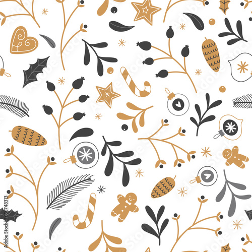 Seamless Christmas pattern with winter plants, gingerbread and Christmas decorations.