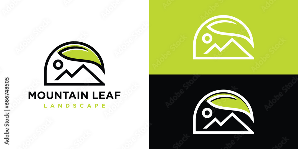 Mountain Leaf Logo Designs. Landscape Logo Icon Symbol Vector Illustration Template. - obrazy, fototapety, plakaty 