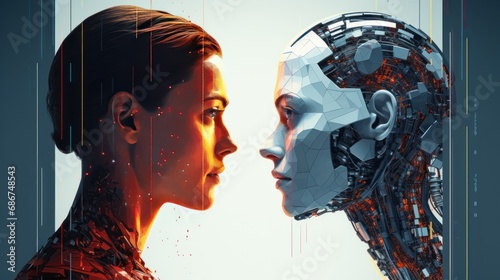 Human and Artificial Intelligence robot looking at each other. Generative AI