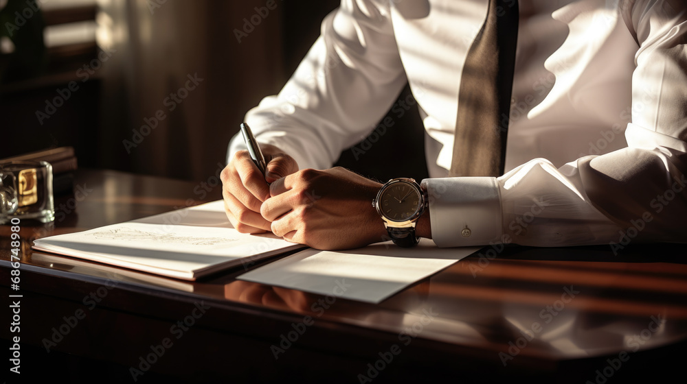 Businessman signing document in his office