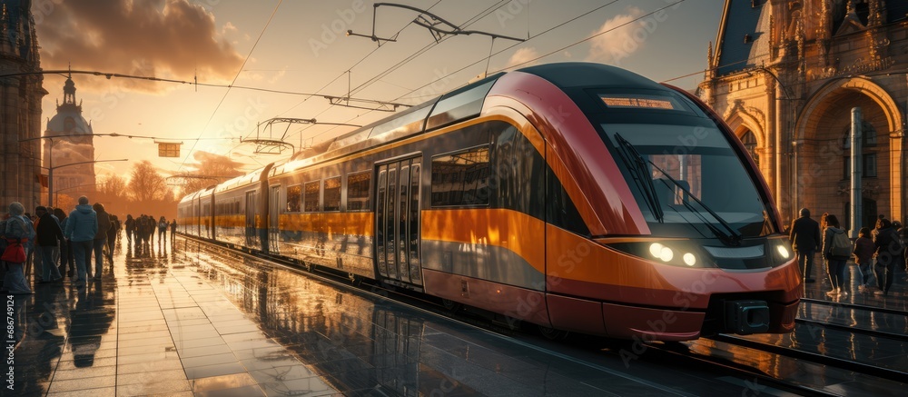 Modern train at the station with people around it