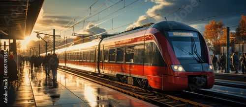 Modern train at the station with people around it