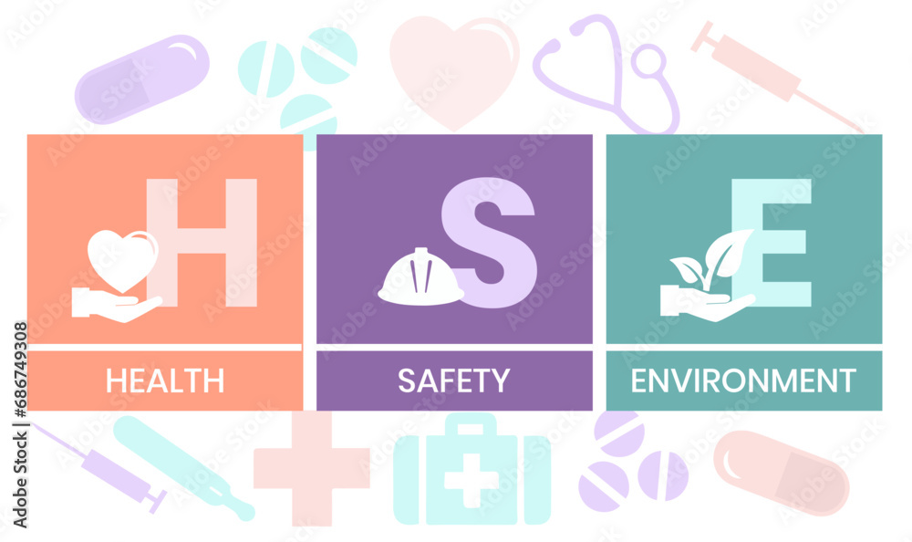 HSE - Health Safety Environment acronym - Vector Illustration concept banner with icons and keywords - obrazy, fototapety, plakaty 